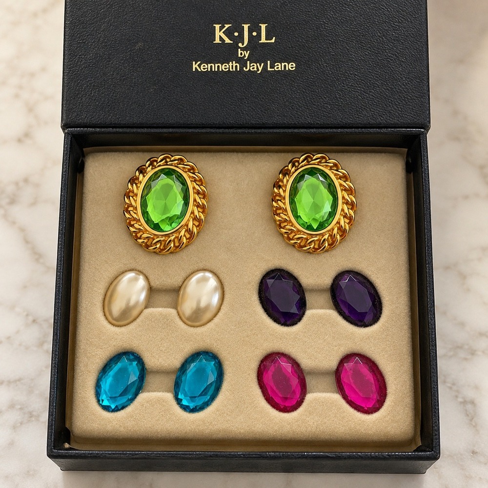 Vintage KJL Kenneth Jay Lane Interchangeable Clip On Earrings Set Box